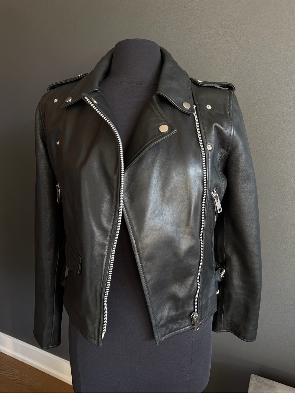 Walter Baker Black Leather Moto Jacket with Silver Hardware